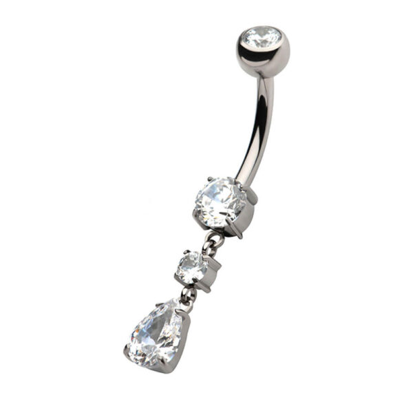 Navel Curve With Prong Set Round & Teardrop CZ Dangle -Titanium - Image 2