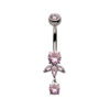 Navel Curve With Pink Round & Triple Marquise CZ Dangle -Titanium